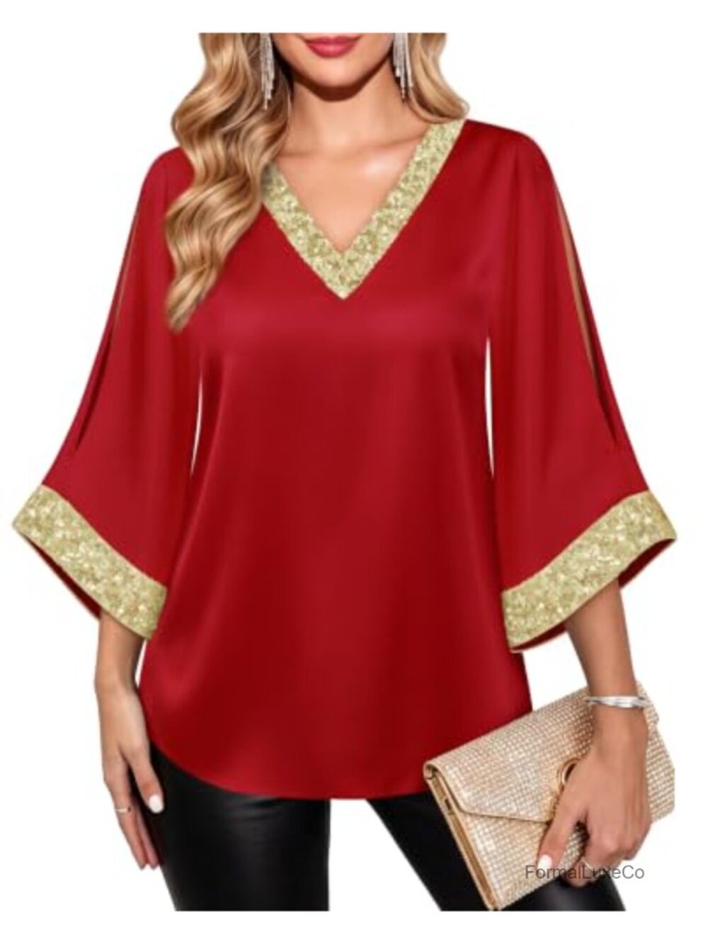 Sequin Split Sleeve V Neck Satin Tunic Blouse Dressy Top